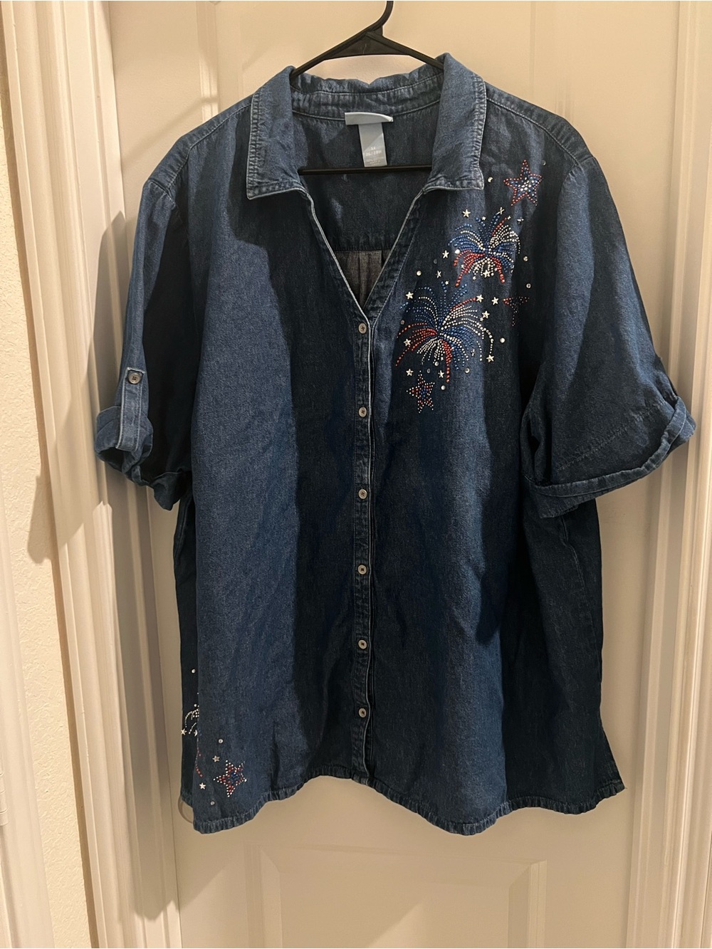 Liz & Me 3X 26/28W Denim Blue Embellished Fireworks Button Front Shirt